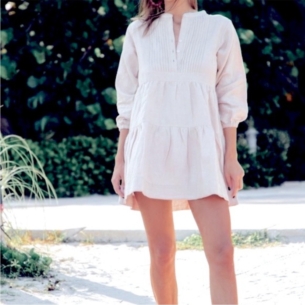 BINDU White Linen Blend Tiered Mini Dress Medium